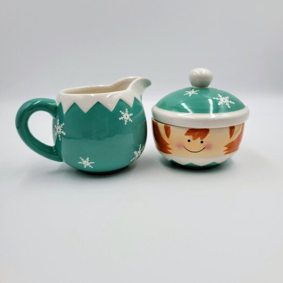 Christmas Elf Cream And Sugar Set Condiments Serving Coffee Tea Read - Picture 2 of 9